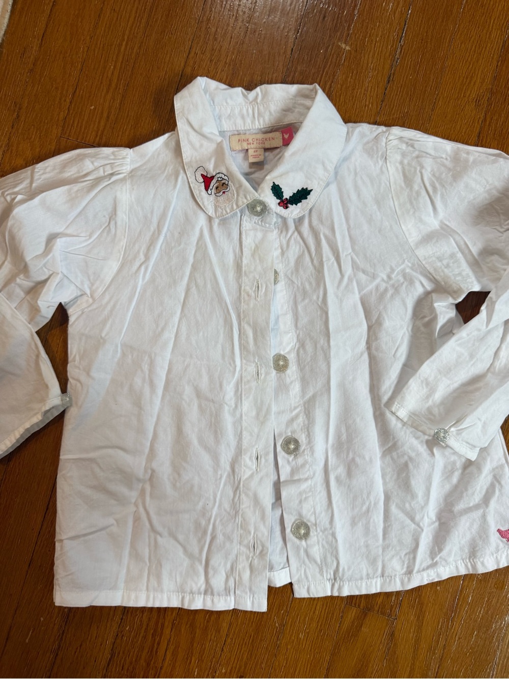 Pink Chicken White Girls' Button-Down Shirt with Holiday Embroidery